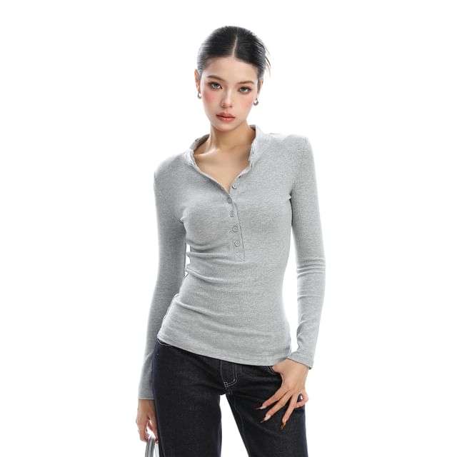 Slim-Fit Henley Tee with Long Sleeves