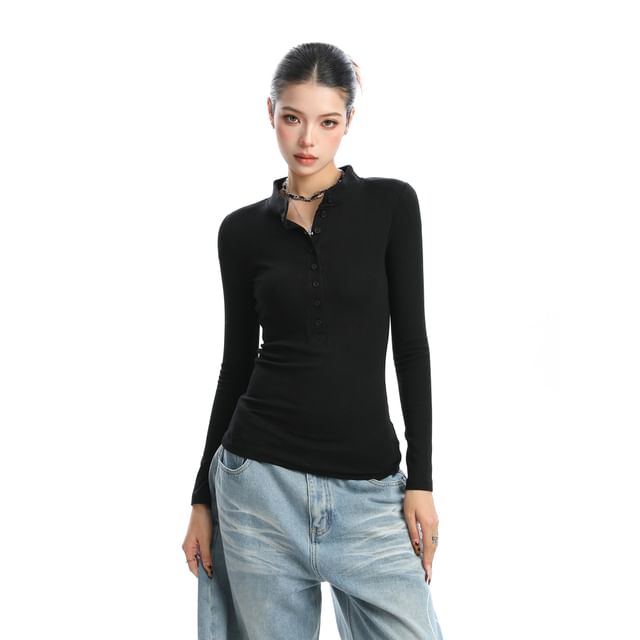 Slim-Fit Henley Tee with Long Sleeves