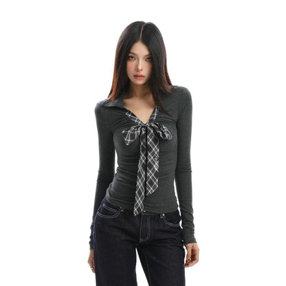 Knot-Front Plaid Panel V-Neck Collared Slim Tee, Long Sleeves