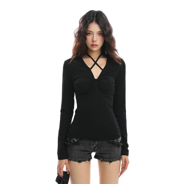 Slim-Fit Criss Cross Halter Tee with Long Sleeves