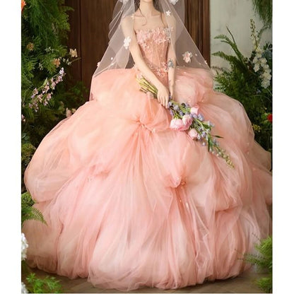 / Floral Ball Plain Veil Strapless Gown Set