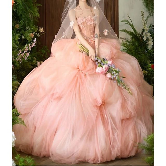 / Floral Ball Plain Veil Strapless Gown Set