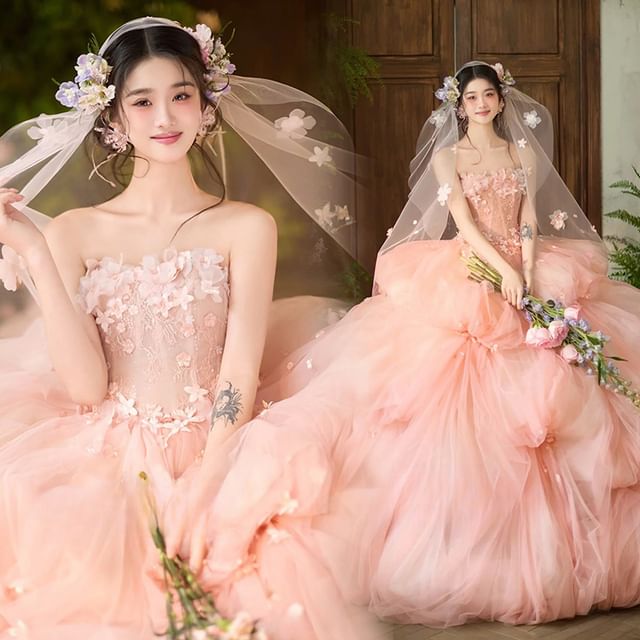 / Floral Ball Plain Veil Strapless Gown Set