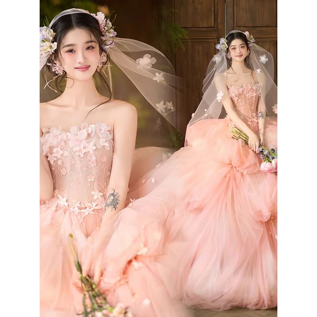 / Floral Ball Plain Veil Strapless Gown Set