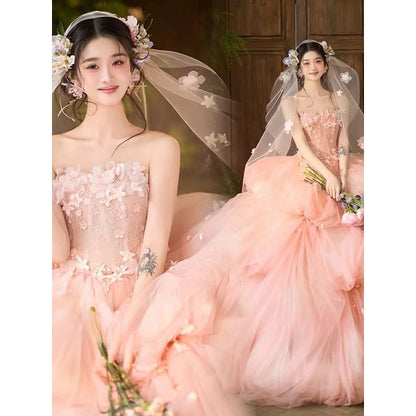 / Floral Ball Plain Veil Strapless Gown Set