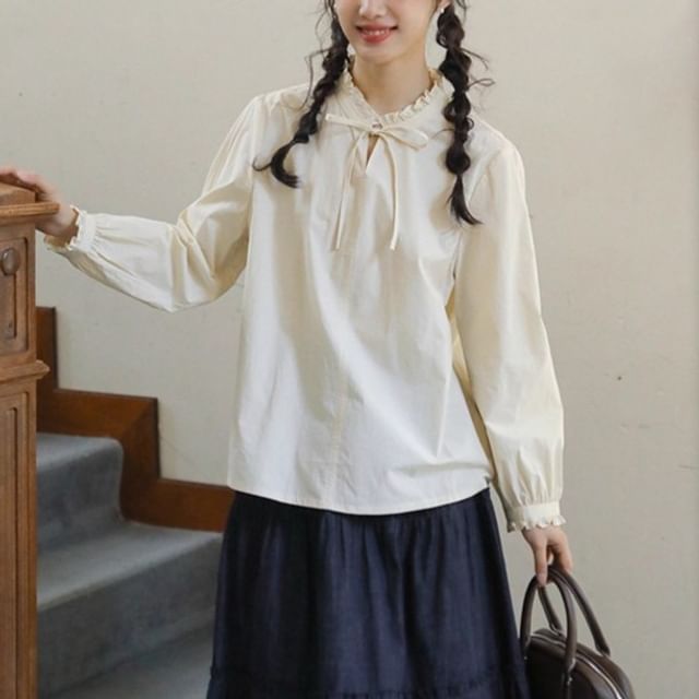 Frill-Trimmed Solid Blouse with Long Sleeves