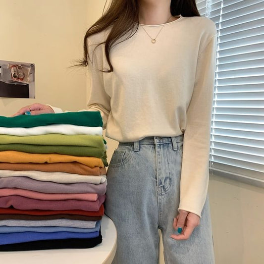 Solid Knit Crewneck Top with Long Sleeves