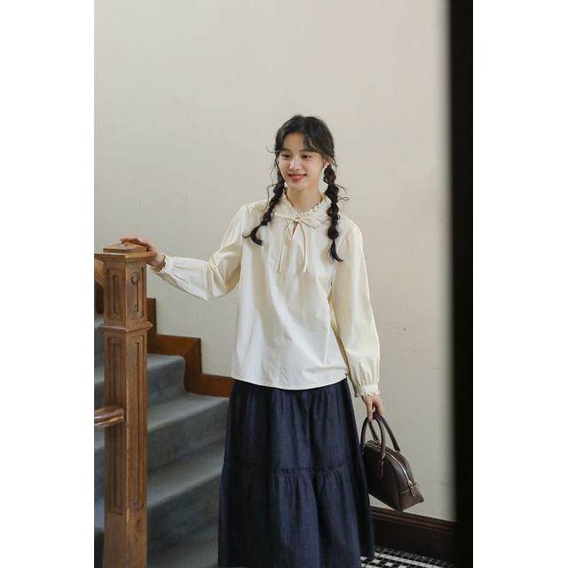 Frill-Trimmed Solid Blouse with Long Sleeves