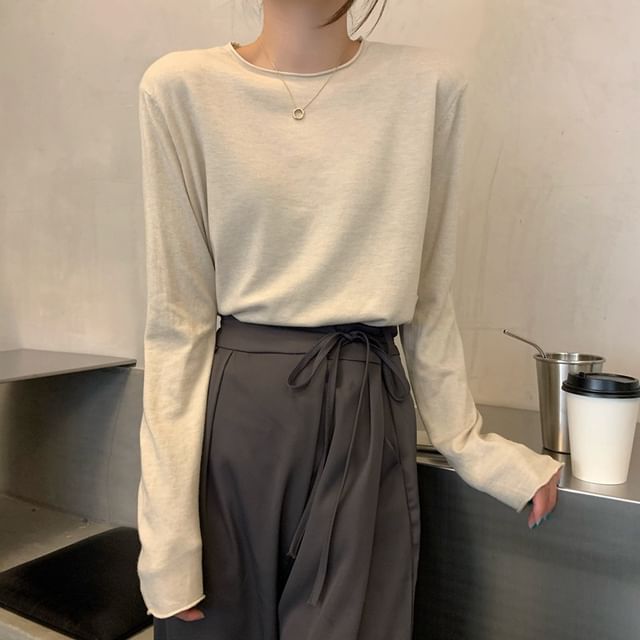 Solid Knit Crewneck Top with Long Sleeves