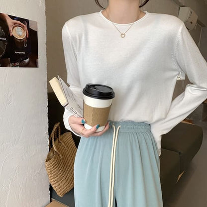 Solid Knit Crewneck Top with Long Sleeves
