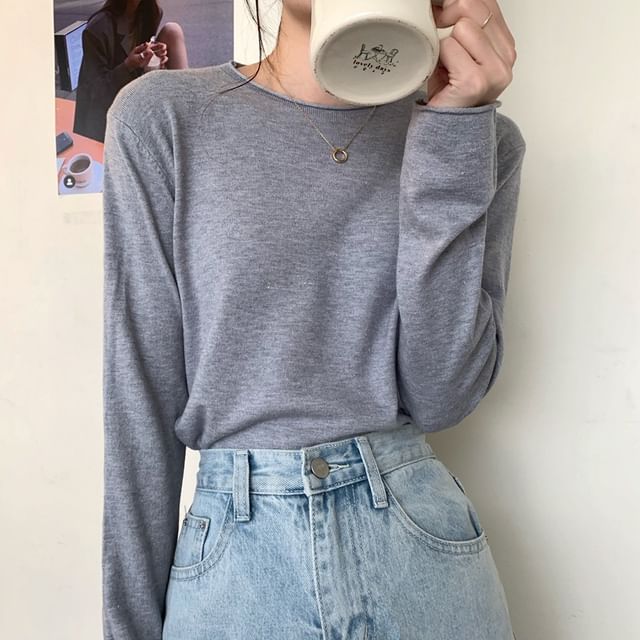 Solid Knit Crewneck Top with Long Sleeves