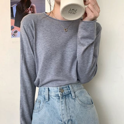 Solid Knit Crewneck Top with Long Sleeves
