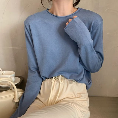 Solid Knit Crewneck Top with Long Sleeves