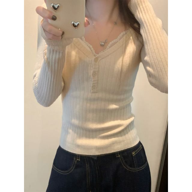 Ribbed V-Neck Henley Knit Top & Lace Padded Camisole, Long Sleeves