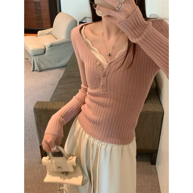 Ribbed V-Neck Henley Knit Top & Lace Padded Camisole, Long Sleeves