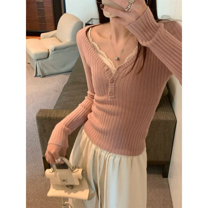 Ribbed V-Neck Henley Knit Top & Lace Padded Camisole, Long Sleeves