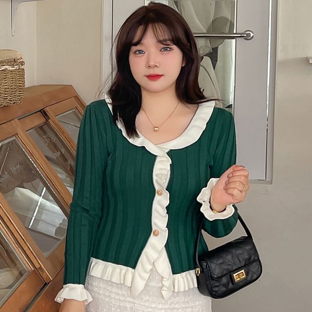 Plus Size Long-Sleeve V-Neck Contrast Ruffle Trim Button Ribbed Knit Top