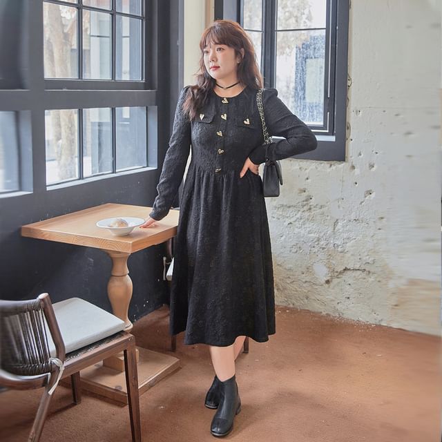 Plus Size Long-Sleeve Round Neck Jacquard Heart Button Midi A-Line Dress