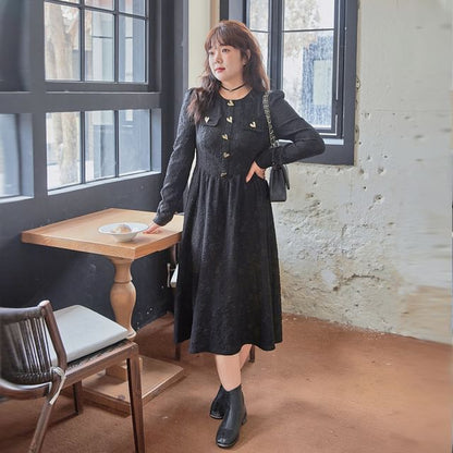 Plus Size Long-Sleeve Round Neck Jacquard Heart Button Midi A-Line Dress