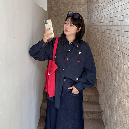 Plus Size Long-Sleeve Button Accent Pocket Detail Oversized Shirt