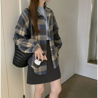 Plaid Puff-Sleeve Button Shirt
