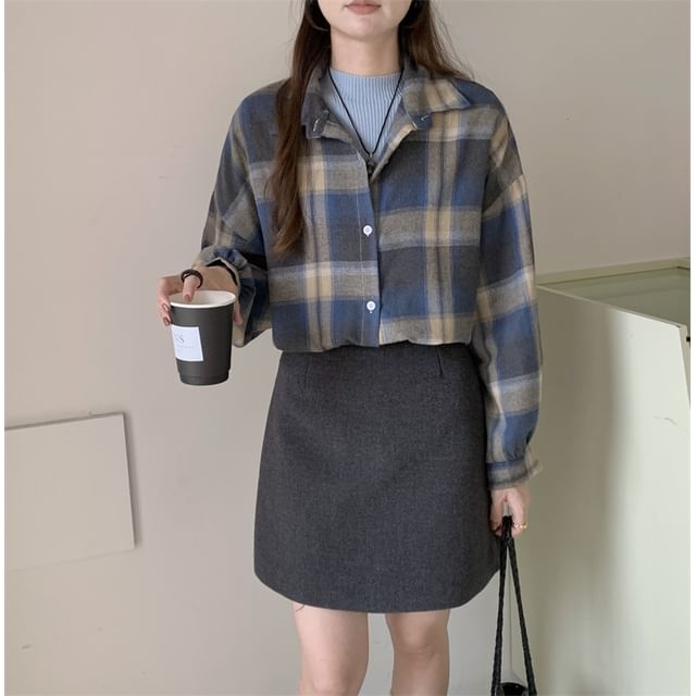 Plaid Puff-Sleeve Button Shirt