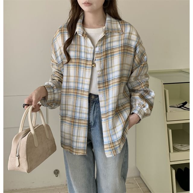 Plaid Puff-Sleeve Button Shirt