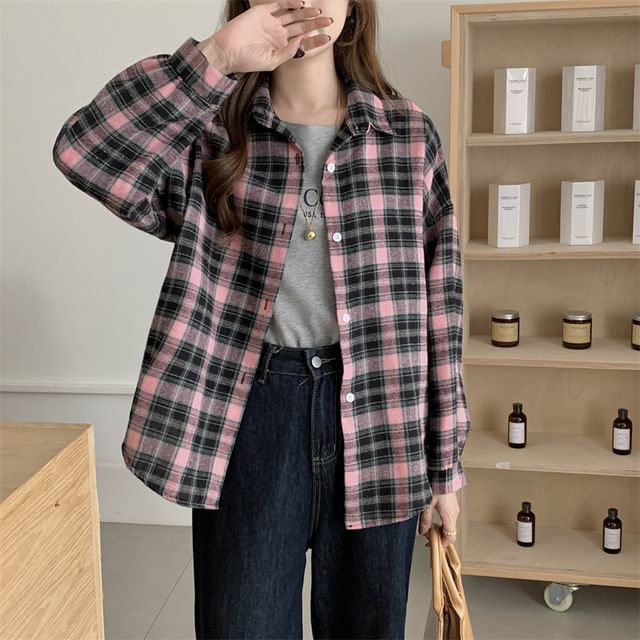 Plaid Puff-Sleeve Button Shirt