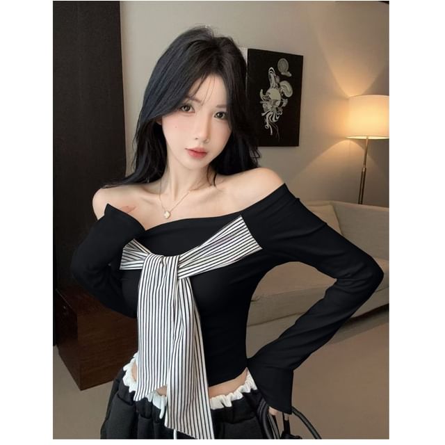 Striped Panel Knot-Front Off-Shoulder Crop Tee, Long Sleeves
