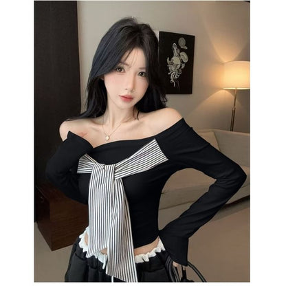 Striped Panel Knot-Front Off-Shoulder Crop Tee, Long Sleeves