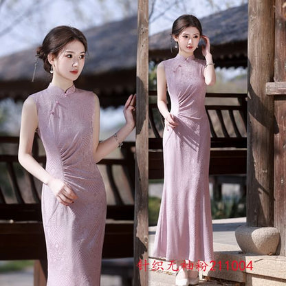 Sleeveless Embroidered Ruched Maxi Qipao