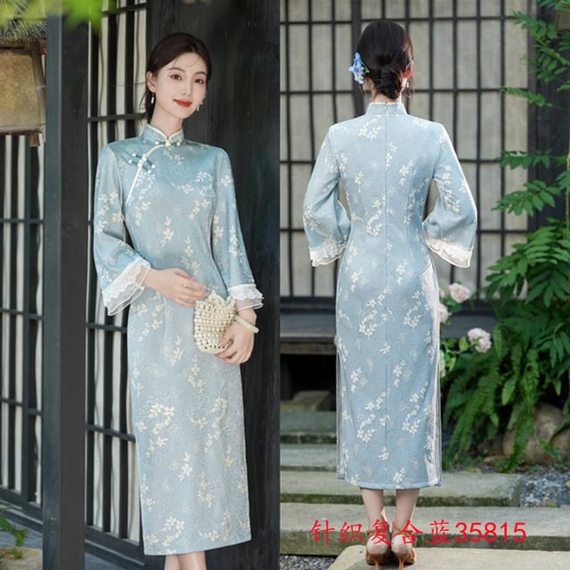 Long-Sleeve Floral Midi Qipao
