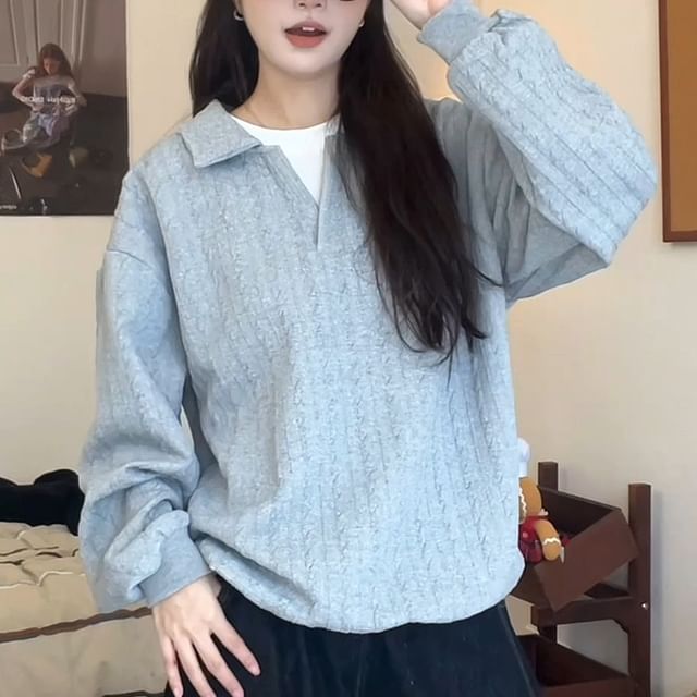 Two-Tone Collared Pullover with Mock Layered Look