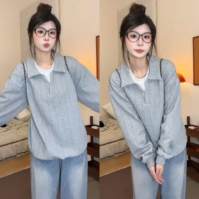 Two-Tone Collared Pullover with Mock Layered Look