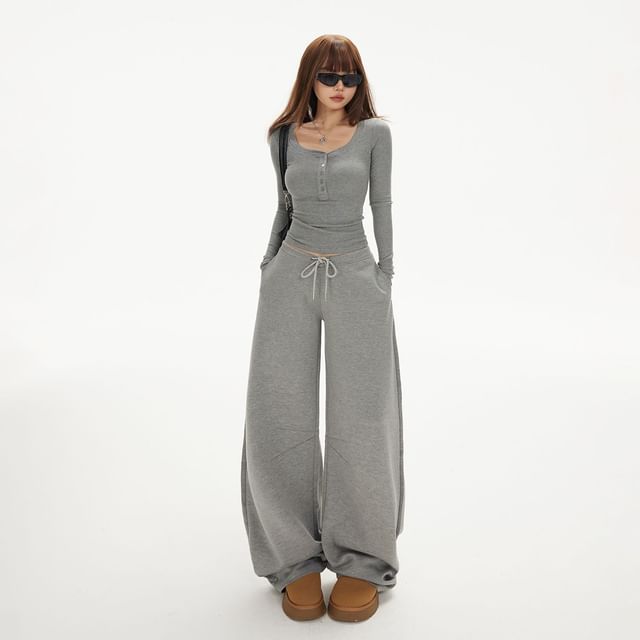 Henley Crop Slim Tee & Drawstring Barrel-Leg Sweatpants, Long Sleeves
