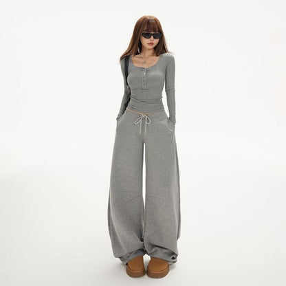 Henley Crop Slim Tee & Drawstring Barrel-Leg Sweatpants, Long Sleeves