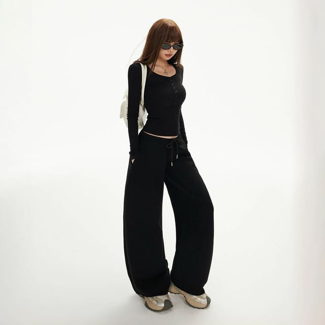 Henley Crop Slim Tee & Drawstring Barrel-Leg Sweatpants, Long Sleeves