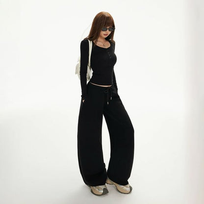 Henley Crop Slim Tee & Drawstring Barrel-Leg Sweatpants, Long Sleeves