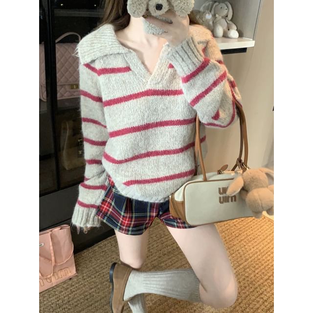 Striped V-Neck Sweater with Collar