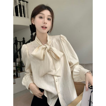 Tie-Neck Buttoned Solid Blouse & Square-Neck Tweed Mini Dress, Long Sleeves