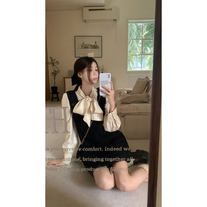 Tie-Neck Buttoned Solid Blouse & Square-Neck Tweed Mini Dress, Long Sleeves