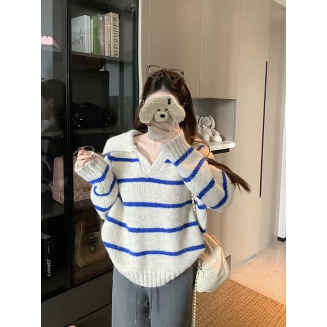 Striped V-Neck Sweater with Collar