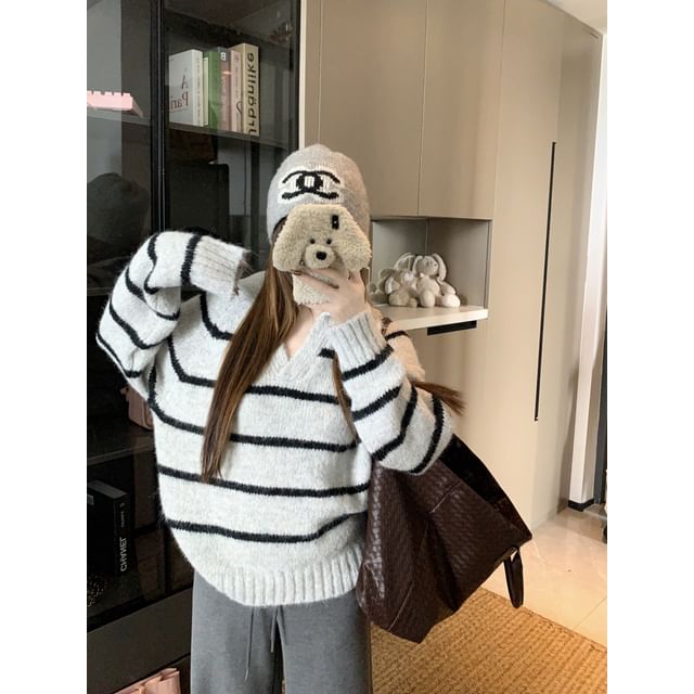 Striped V-Neck Sweater with Collar