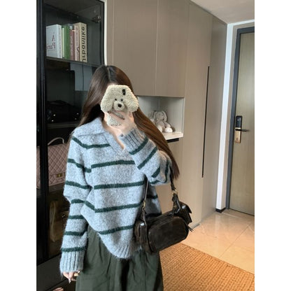 Striped V-Neck Sweater with Collar