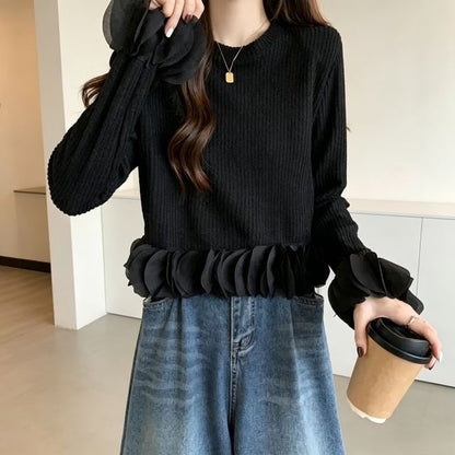 Crewneck Long-Sleeve Ruffle-Hem Knit Pullover in Solid Tone