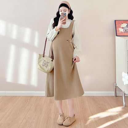 Maternity Solid Long-Sleeve Blouse & Sleeveless Midi A-Line Dress Set