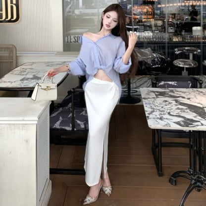 Asymmetrical Long-Sleeve Crop Shirt & Side-Slit Ruched Maxi Skirt
