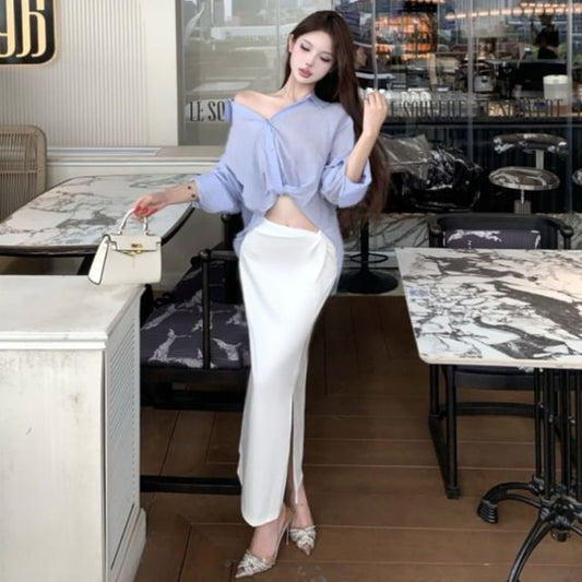 Asymmetrical Long-Sleeve Crop Shirt & Side-Slit Ruched Maxi Skirt