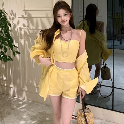 Cropped Cami, Oversized Long-Sleeve Shirt & High-Waist Shorts Trio