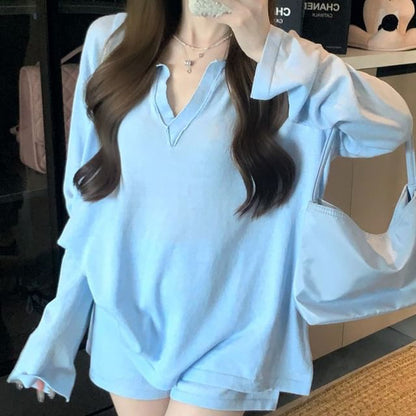 Collared Long-Sleeve Solid Tee & Mid-Rise Shorts Two-Piece